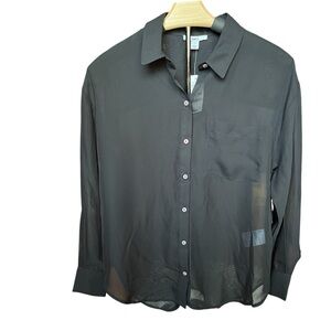 NWT Bar iii Long Sleeve Collared Button Front Blouse SP Black Sheer Relaxed Fit